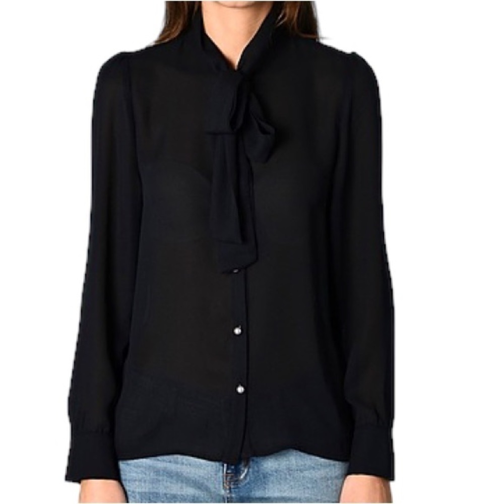 Lili Sidonio Molly Bracken Women's Blouse Button Down Tie Neck Black Gold Button